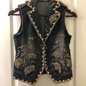 Embellished Black Denim Vest with Gold Floral Accents